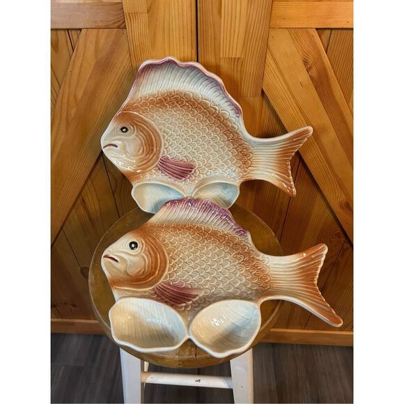 Vintage Ceramic FISH Serving Trays or Platters w Built In Sauce Cups (8864) - Picture 1 of 7